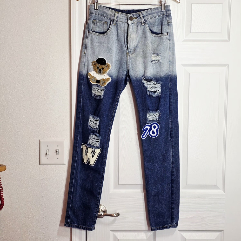 Shein 28x27 Distressed Hombre Teddy Bear Blue Jeans